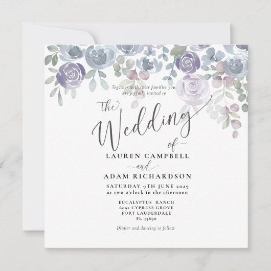 Uitnodiging tot het huwelijk van Rustic Floral Blu (Voorkant)