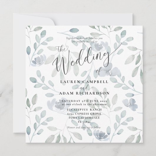 Uitnodiging tot het huwelijk van Rustic Floral Blu (Voorkant)