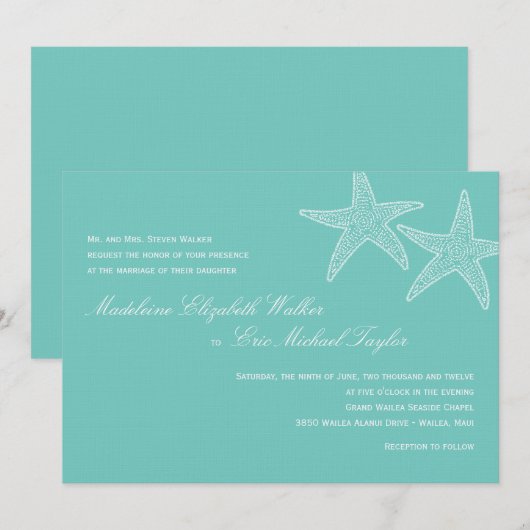 Uitnodiging tot het huwelijk van Starfish - Blue (Voorkant / Achterkant)