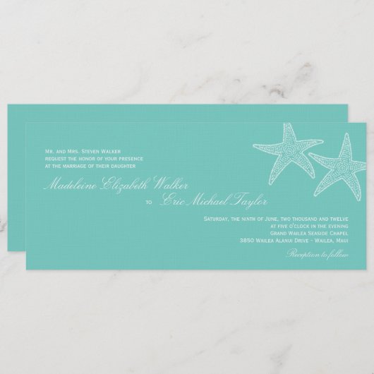 Uitnodiging tot het huwelijk van Starfish - Blue (Voorkant / Achterkant)