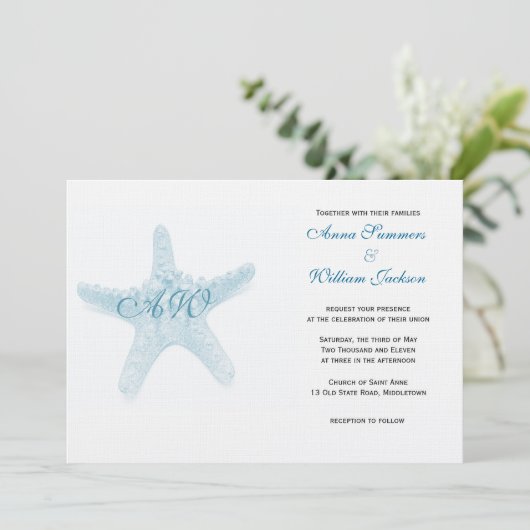 Uitnodiging tot het huwelijk van Starfish - Blue (Staand voorkant)
