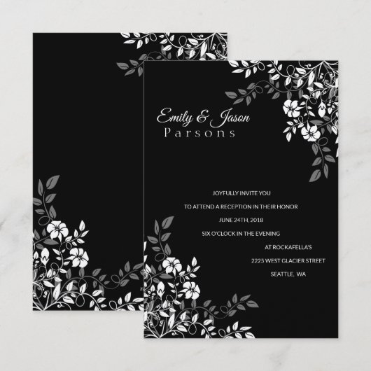Uitnodiging tot het ontvangen van Floral in zwart- (Voorkant / Achterkant)