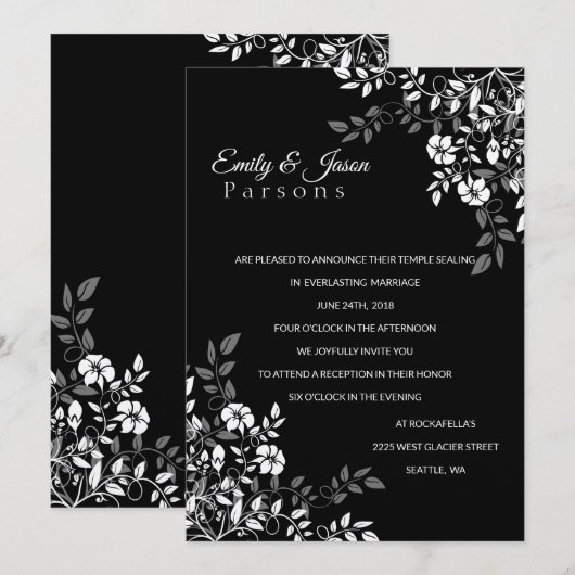 Uitnodiging tot het ontvangen van Floral in zwart- (Voorkant / Achterkant)