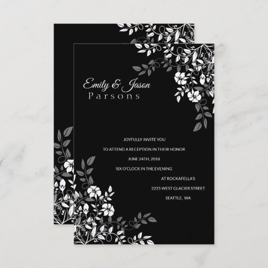 Uitnodiging tot het ontvangen van Floral in zwart- (Voorkant / Achterkant)