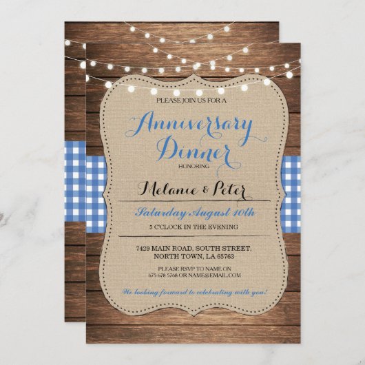 Uitnodiging tot het Rustic Wedding Jubileum Blue P (Voorkant / Achterkant)