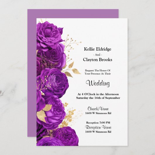 Uitnodiging tot het uitzenden van Paarse en goudbl (Voorkant / Achterkant)