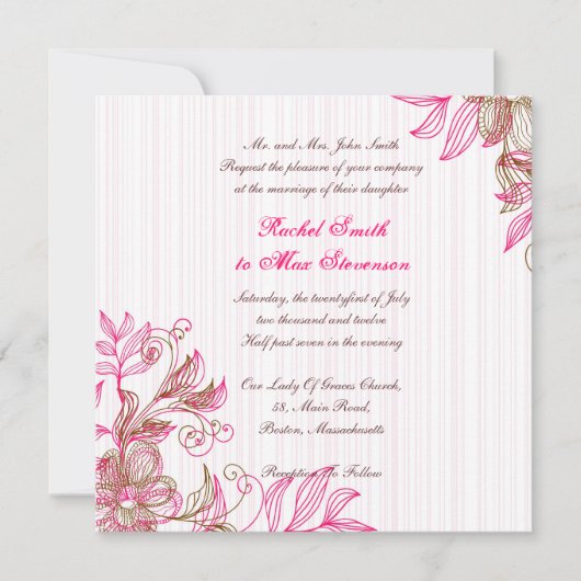 Uitnodiging tot hete roze en bruine bruiloft (Voorkant)