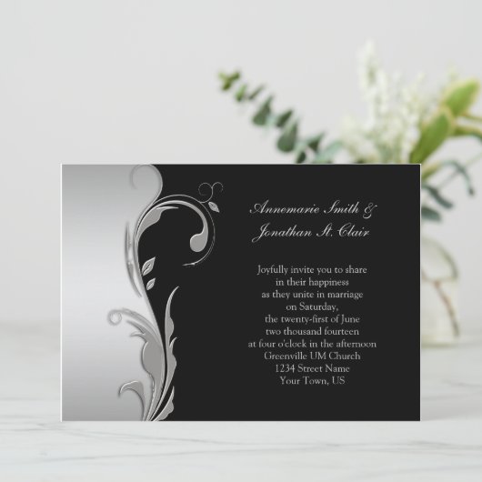 Uitnodiging tot  huwelijk - Black en Silver Weddin (Staand voorkant)