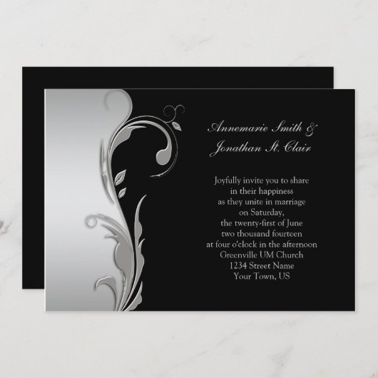 Uitnodiging tot  huwelijk - Black en Silver Weddin (Voorkant / Achterkant)