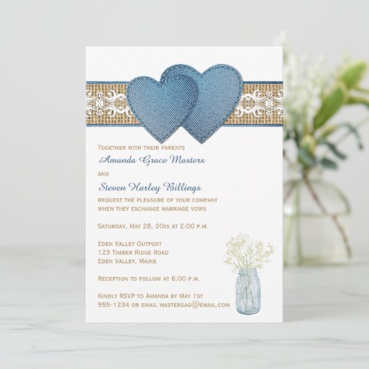 Uitnodiging tot huwelijk | Denim, Lace, Burlap (Staand voorkant)