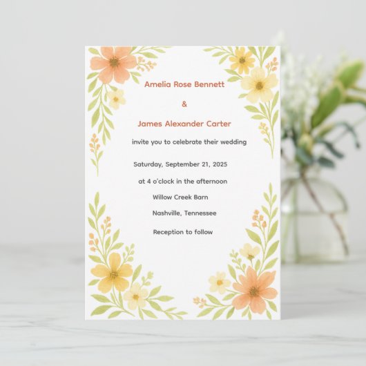 Uitnodiging tot huwelijk in Rustic Wildflower (Staand voorkant)