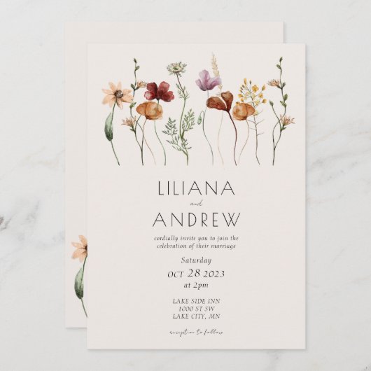 Uitnodiging tot huwelijk in Rustic Wildflower (Voorkant / Achterkant)