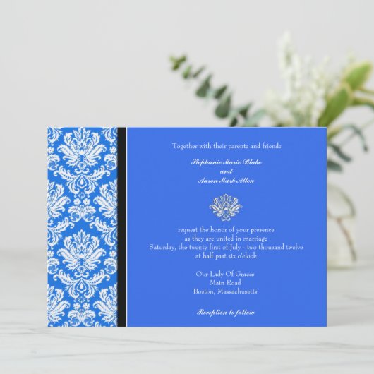 Uitnodiging tot huwelijk met blauwe klassic Damask (Staand voorkant)