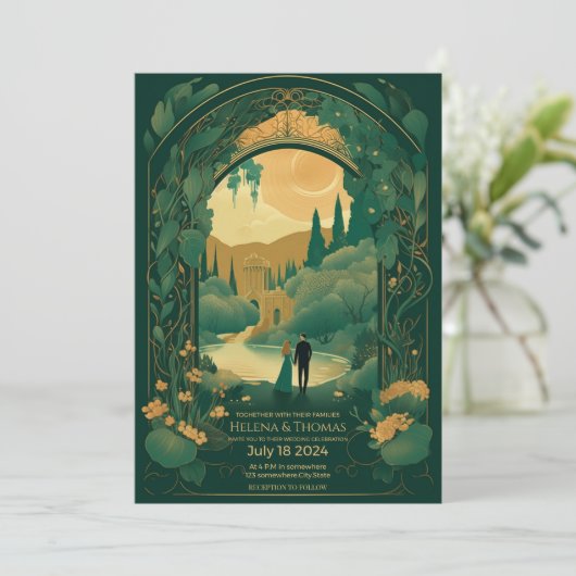 Uitnodiging tot huwelijk Romantic Emerald Green en (Staand voorkant)