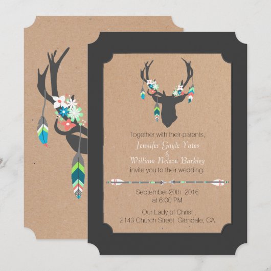 Uitnodiging tot huwelijk Rustic Tribal Deer (Voorkant / Achterkant)