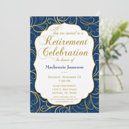 Uitnodiging tot invordering navenblauw goudzirl (Staand voorkant)