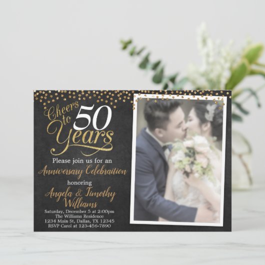 Uitnodiging tot Jubileum voor Black and Gold Weddi (Staand voorkant)