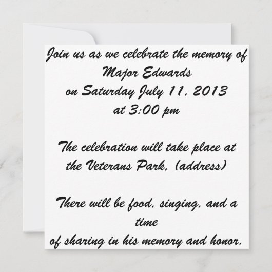 Uitnodiging tot kennisgeving van de Memorial Servi (Achterkant)