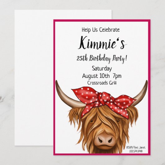 Uitnodiging tot koe, Hoogland Koe Birthday (Voorkant / Achterkant)