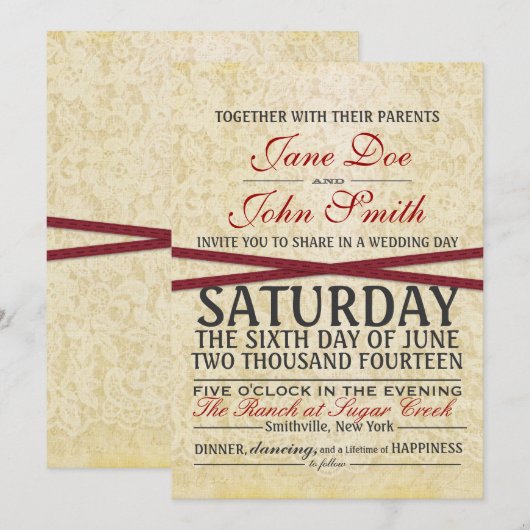 Uitnodiging tot  Lace en Rode Ribbon Wedding (Voorkant / Achterkant)