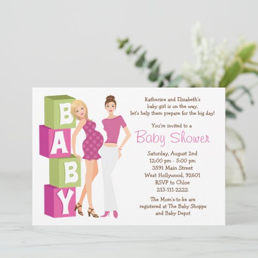 Uitnodiging tot lesbische Baby shower voor meisjes (Staand voorkant)