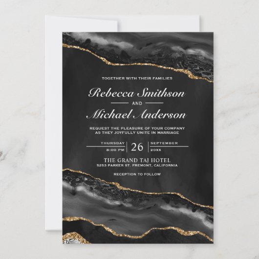 Uitnodiging tot marmer Wedding Black en Gold Agate (Voorkant)