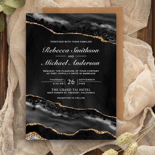 Uitnodiging tot marmer Wedding Black en Gold Agate