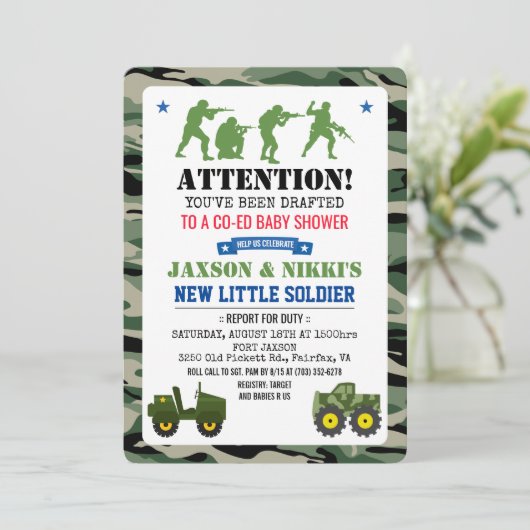 Uitnodiging tot militair Baby shower (Staand voorkant)