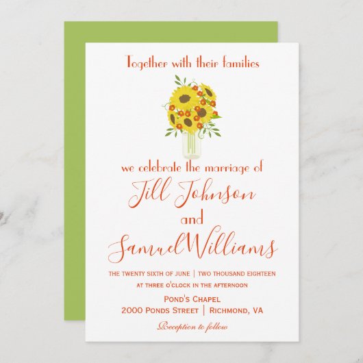 Uitnodiging tot mooie Sunflower Wedding (Voorkant / Achterkant)