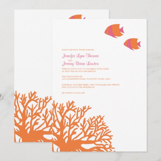 Uitnodiging tot Oranje en roze tropisch huwelijk (Voorkant / Achterkant)