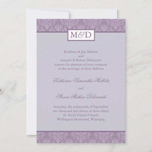 Uitnodiging tot Paars Damask Wedding (Voorkant)