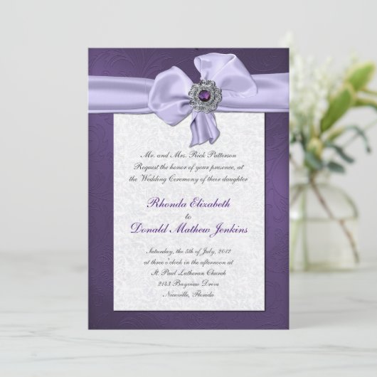 Uitnodiging tot Paars Damask Wedding (Staand voorkant)