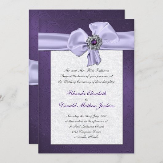 Uitnodiging tot Paars Damask Wedding (Voorkant / Achterkant)