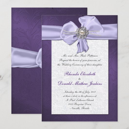 Uitnodiging tot Paars Damask Wedding (Voorkant / Achterkant)