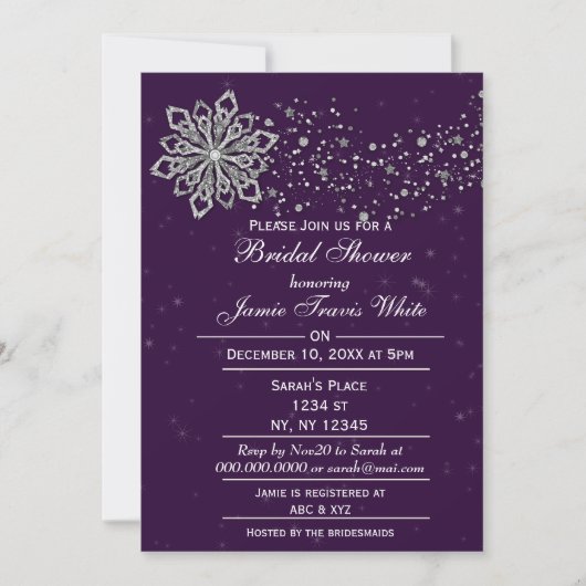 Uitnodiging tot Paars en Silver Winter Vrijgezelle (Voorkant)