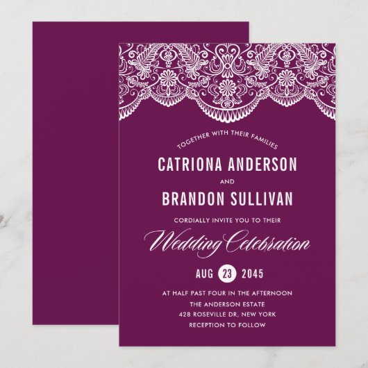 Uitnodiging tot Paarse Brocade Lace Wedding (Voorkant / Achterkant)