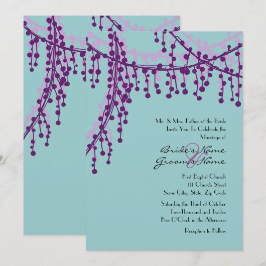 Uitnodiging tot Paarse en Blauwgroen weddenschappe (Voorkant / Achterkant)