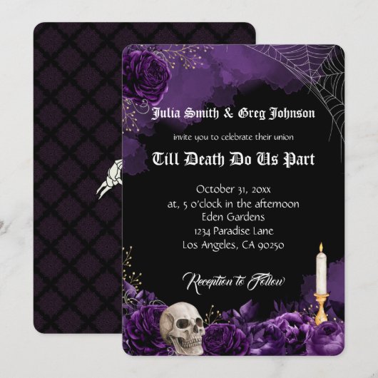 Uitnodiging tot Paarse en zwarte Gothic Wedding (Voorkant / Achterkant)