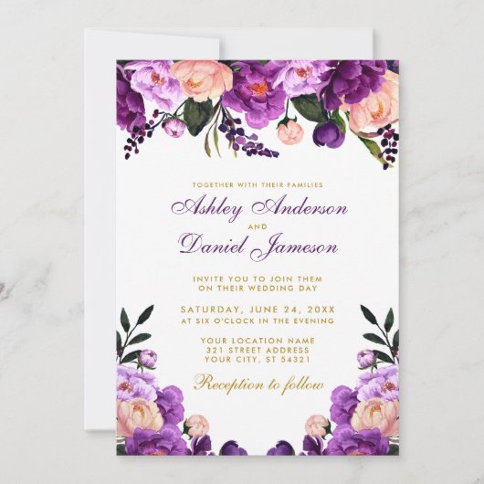 Uitnodiging tot Paarse Floral Gold Wedding (Voorkant)