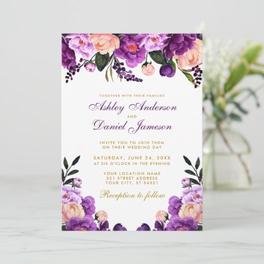 Uitnodiging tot Paarse Floral Gold Wedding (Staand voorkant)