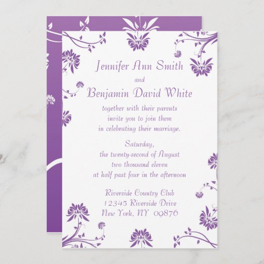 Uitnodiging tot Paarse Floral Wedding (Voorkant / Achterkant)