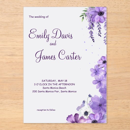 Uitnodiging tot Paarse Floral Wedding (Voorkant)