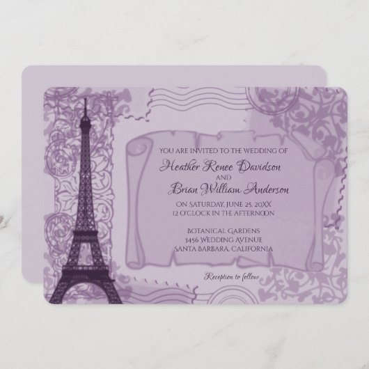 Uitnodiging tot Paarse parijse bruiloft (Voorkant / Achterkant)