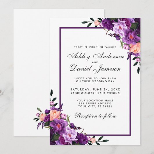 Uitnodiging tot Paarse ultra Violet Floral bruilof (Voorkant / Achterkant)