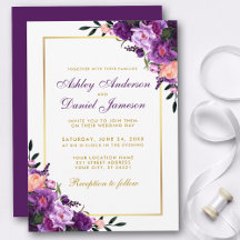 Uitnodiging tot Paarse Violet Floral Gold Wedding