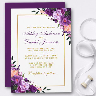 Uitnodiging tot Paarse Violet Floral Gold Wedding