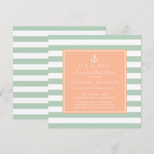 Uitnodiging tot peach en Mint Nautical Baby shower (Voorkant / Achterkant)