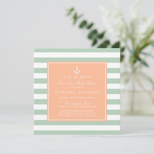 Uitnodiging tot peach en Mint Nautical Baby shower (Staand voorkant)