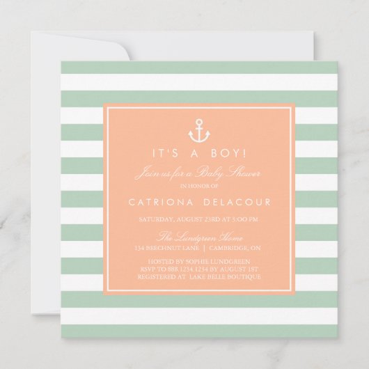 Uitnodiging tot peach en Mint Nautical Baby shower (Voorkant)