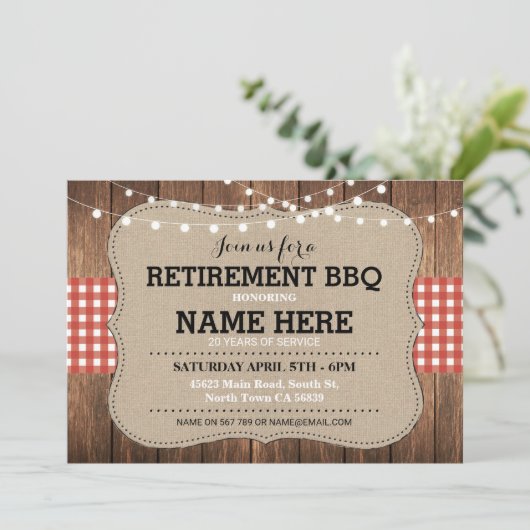 Uitnodiging tot pensionering BBQ Rode uitnodiging (Staand voorkant)